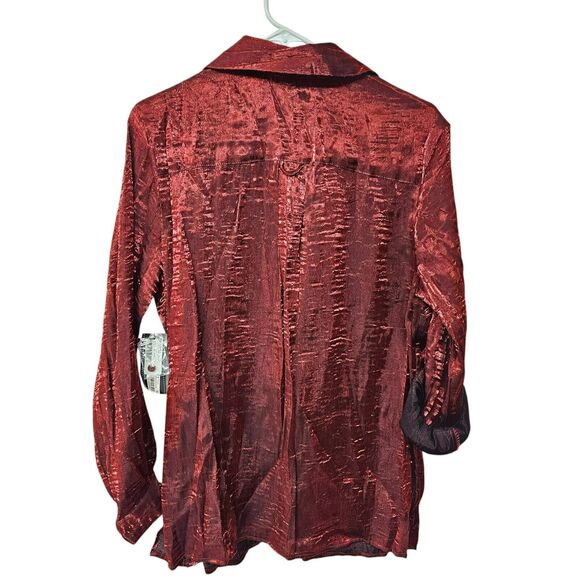 Elementz Woman Blouse Red L Shiny Metallic Rhinestone Button Roll Tab Sleeve - Picture 7 of 9